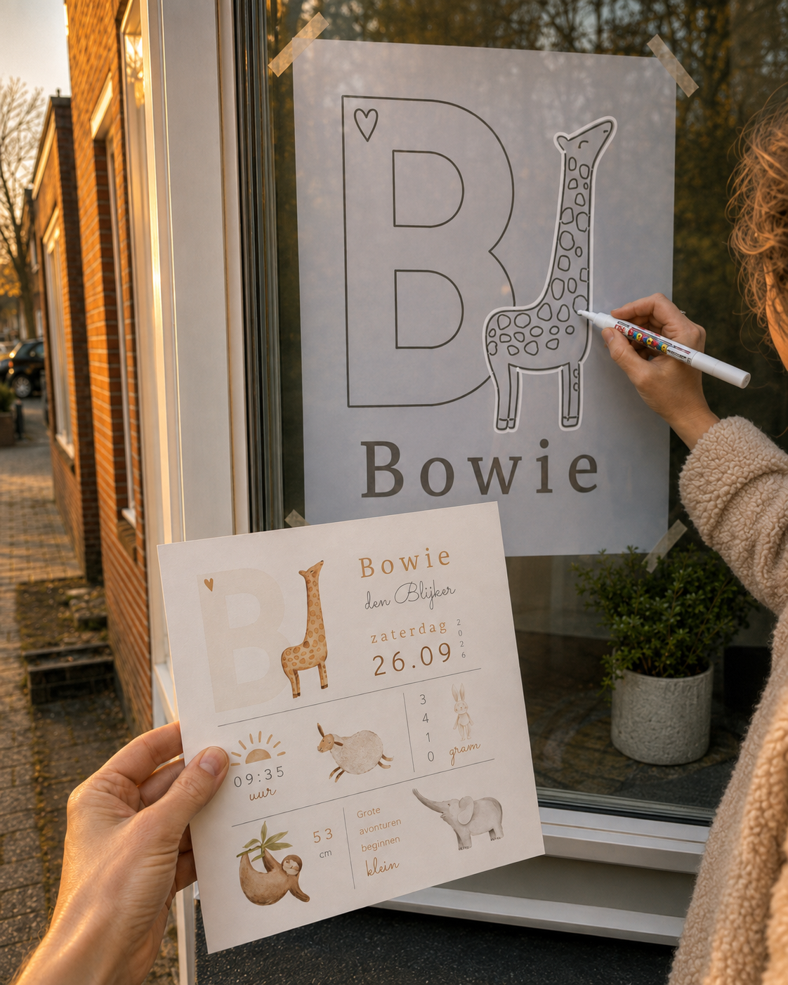 Moeder trekt met een witte krijtstift een giraf en de naam Bowie over op het raam, met het geboortekaartje ernaast